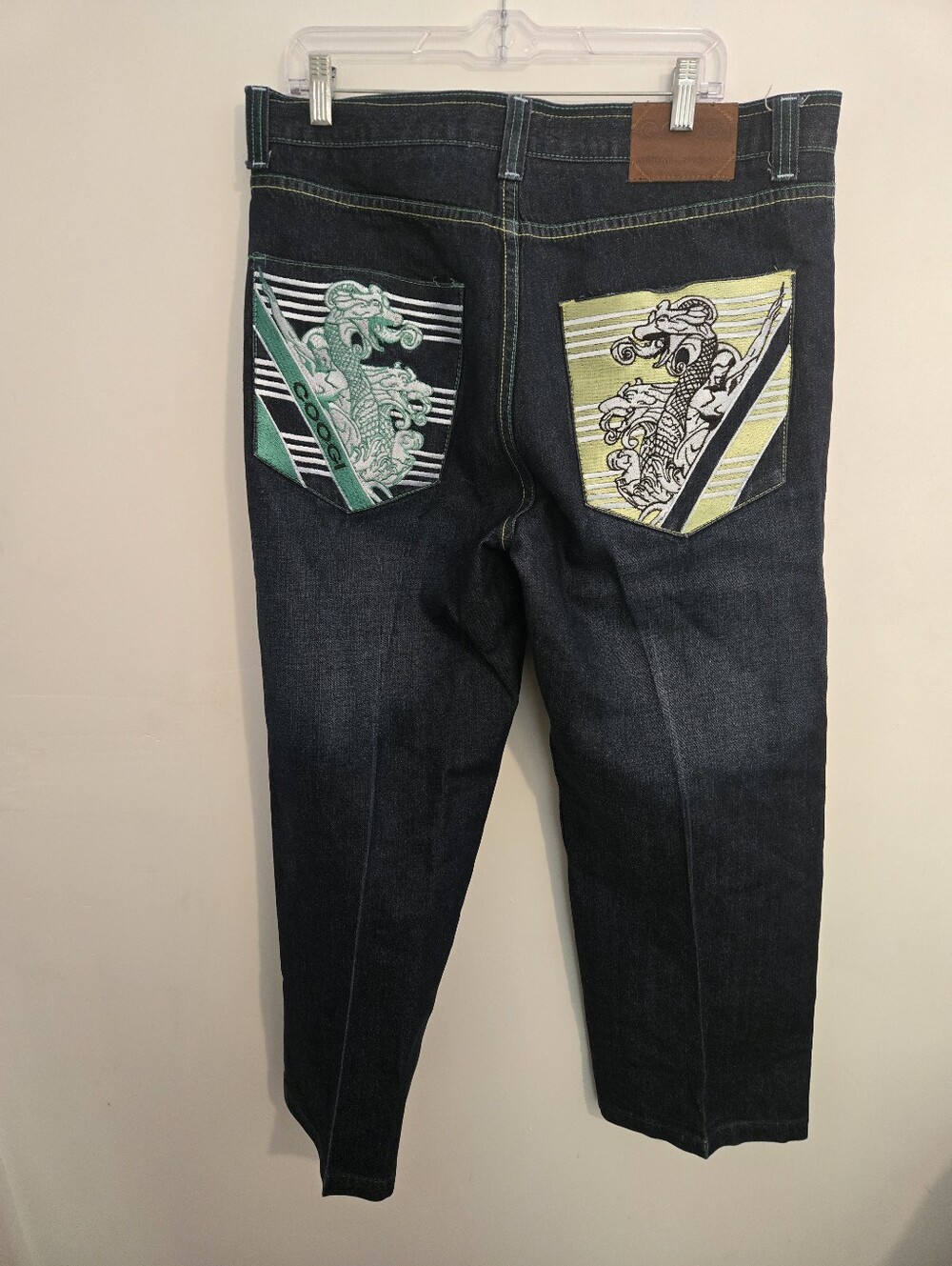 Y2K COOGI Mens Dark Wash Blue Denim Jeans Straight Leg Dragon Embroidery 36x34